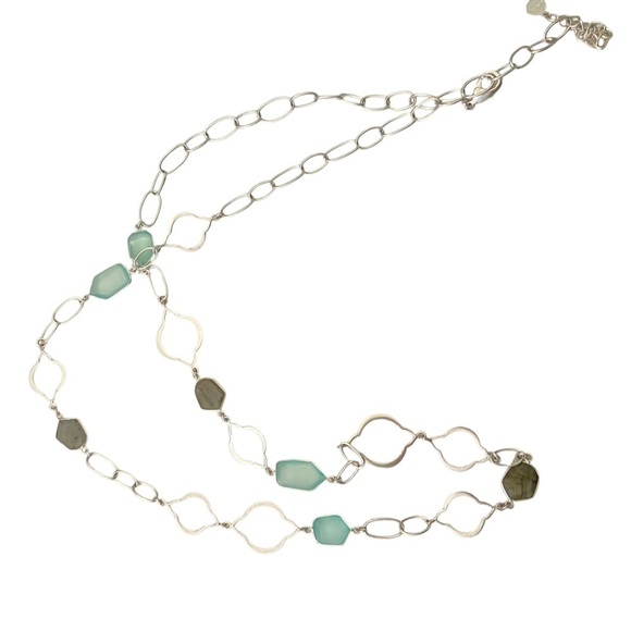 Stella & Dot sterling silver Arabesque link aqua & laborite long chain necklace - Picture 3 of 11